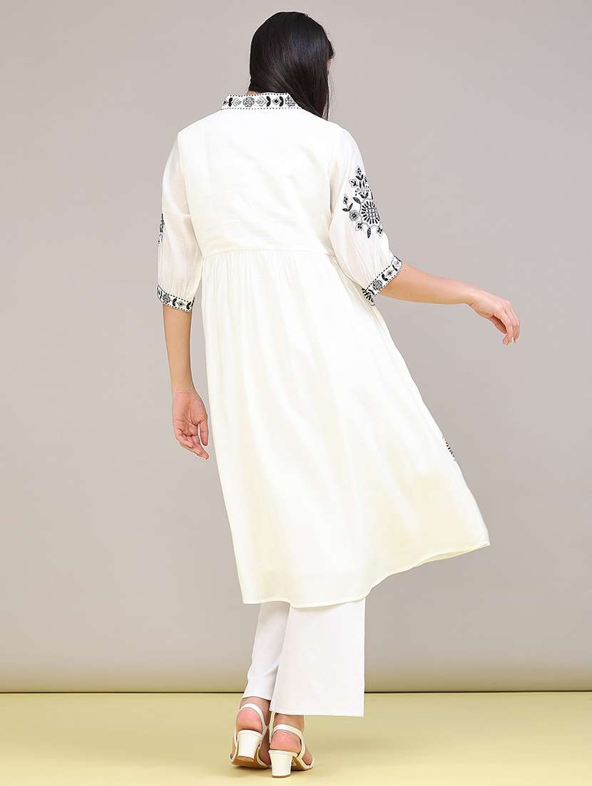 women solid with work three quarter sleeve a-line kurta - 22508067 -  Standard Image - 4