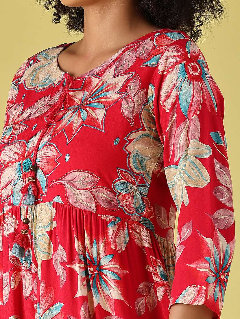 women printed three quarter sleeves tiered dress - 22508115 -  Standard Image - 1