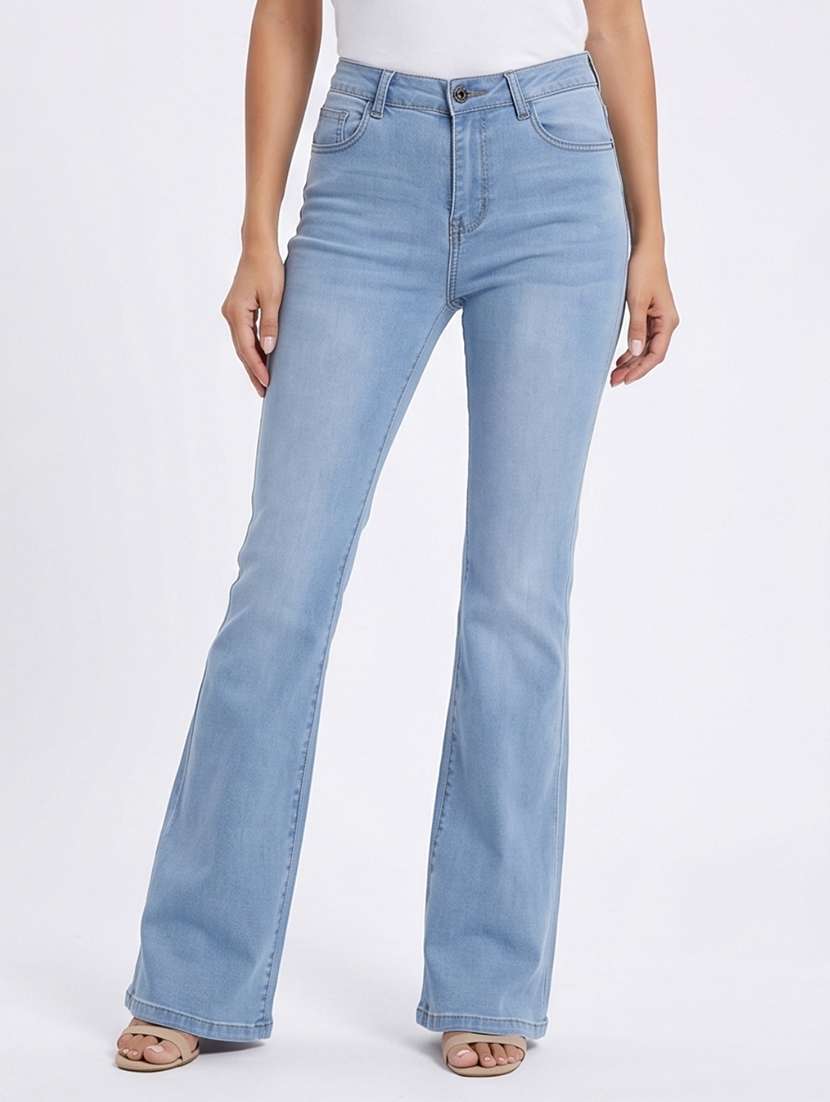 women washed high rise bootcut jeans