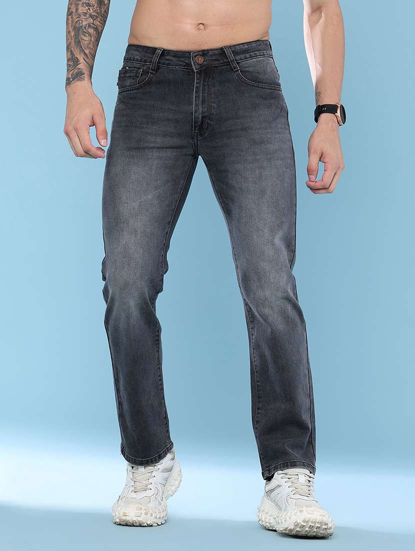 men washed mid rise full length straight jeans