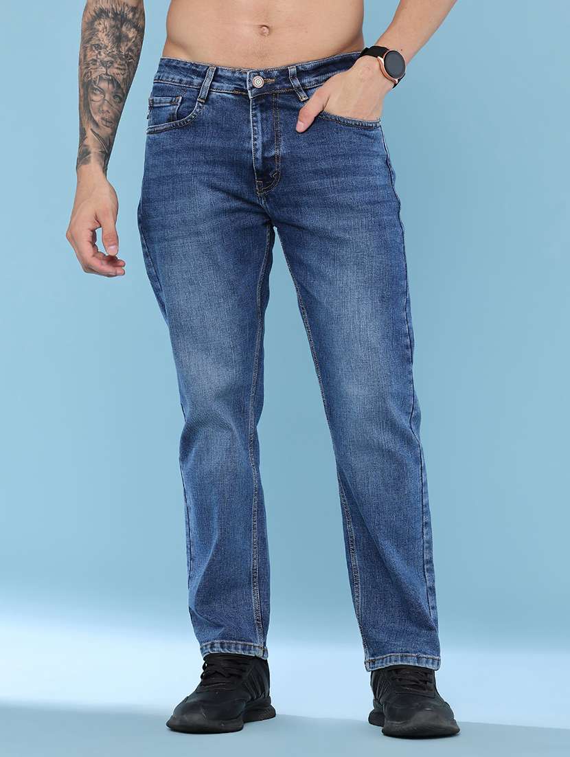 men washed mid rise full length straight jeans