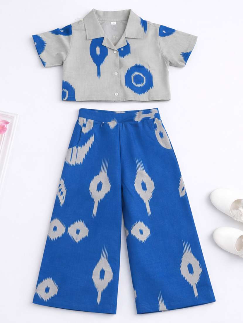 girls printed short sleeves shirt and trouser co-ord set - 22511067 -  Standard Image - 1
