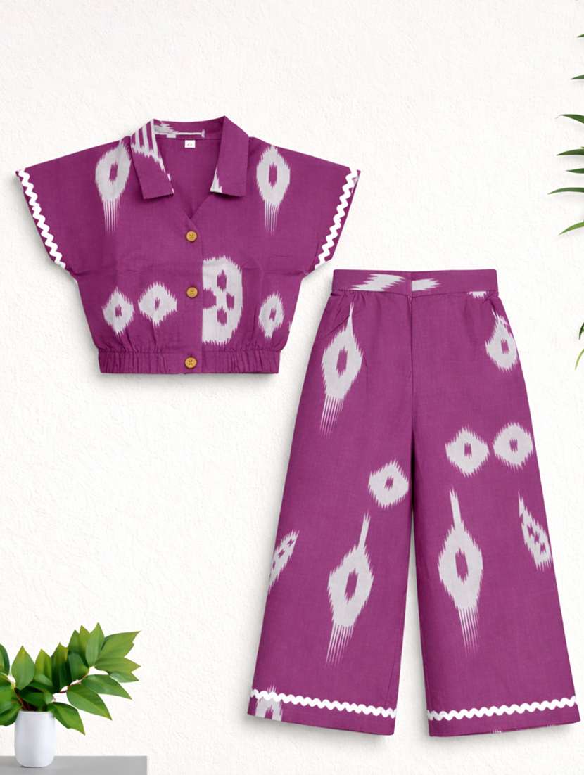 girls printed short sleeves shirt and trouser co-ord set - 22511069 -  Standard Image - 1