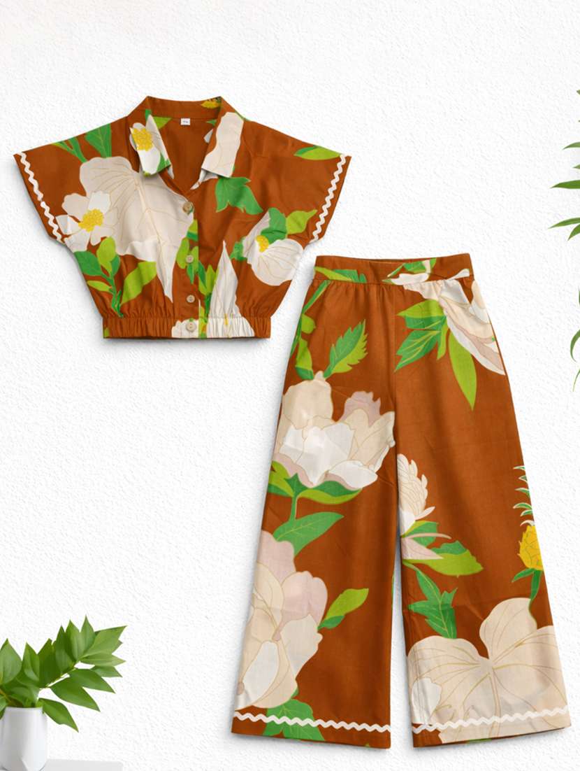 girls printed short sleeves shirt and trouser co-ord set - 22511070 -  Standard Image - 1