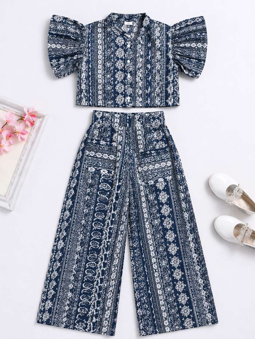 girls printed short sleeves shirt and trouser co-ord set - 22511071 -  Standard Image - 1