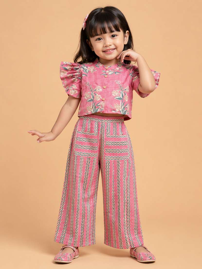 girls printed ruffle sleeves shirt and trouser co-ord set