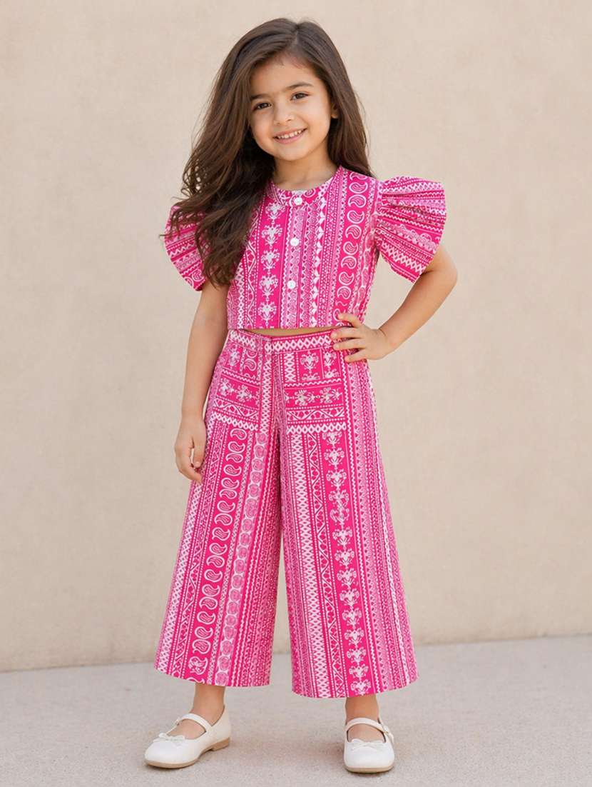 girls printed short sleeves shirt and trouser co-ord set