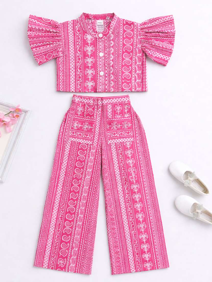 girls printed short sleeves shirt and trouser co-ord set - 22511073 -  Standard Image - 1
