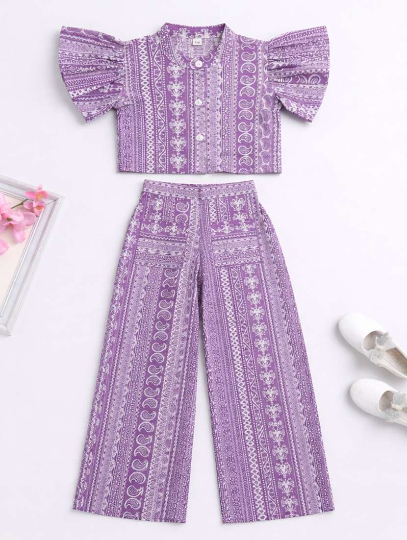girls printed ruffle sleeves shirt and trouser co-ord set - 22511074 -  Standard Image - 1