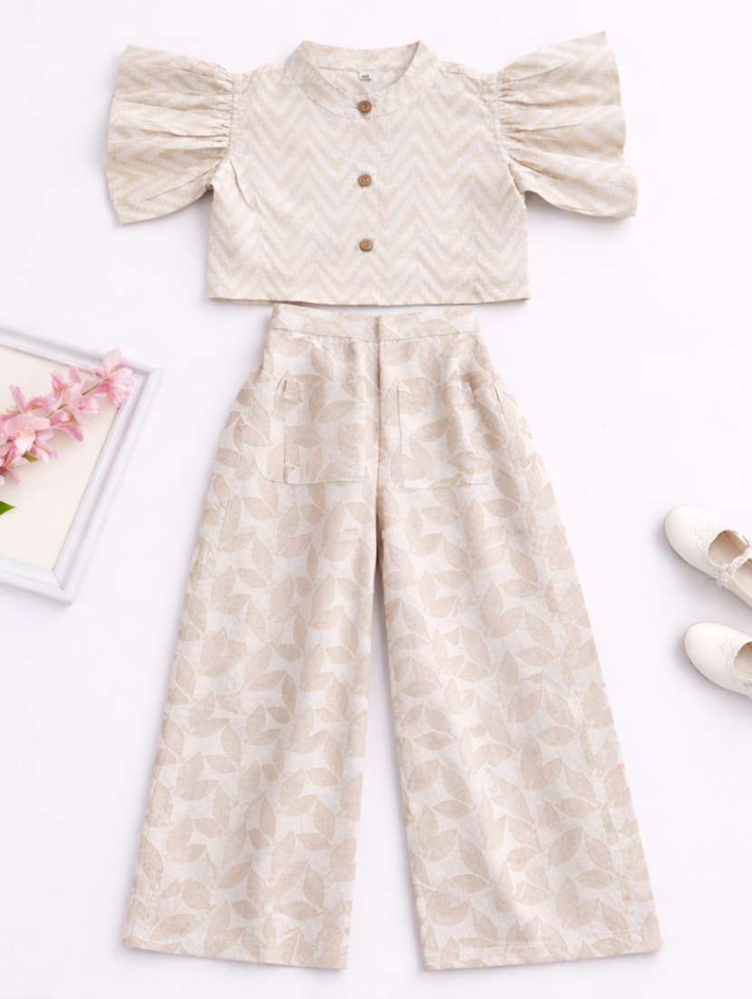 girls printed short sleeves shirt and trouser co-ord set - 22511075 -  Standard Image - 1