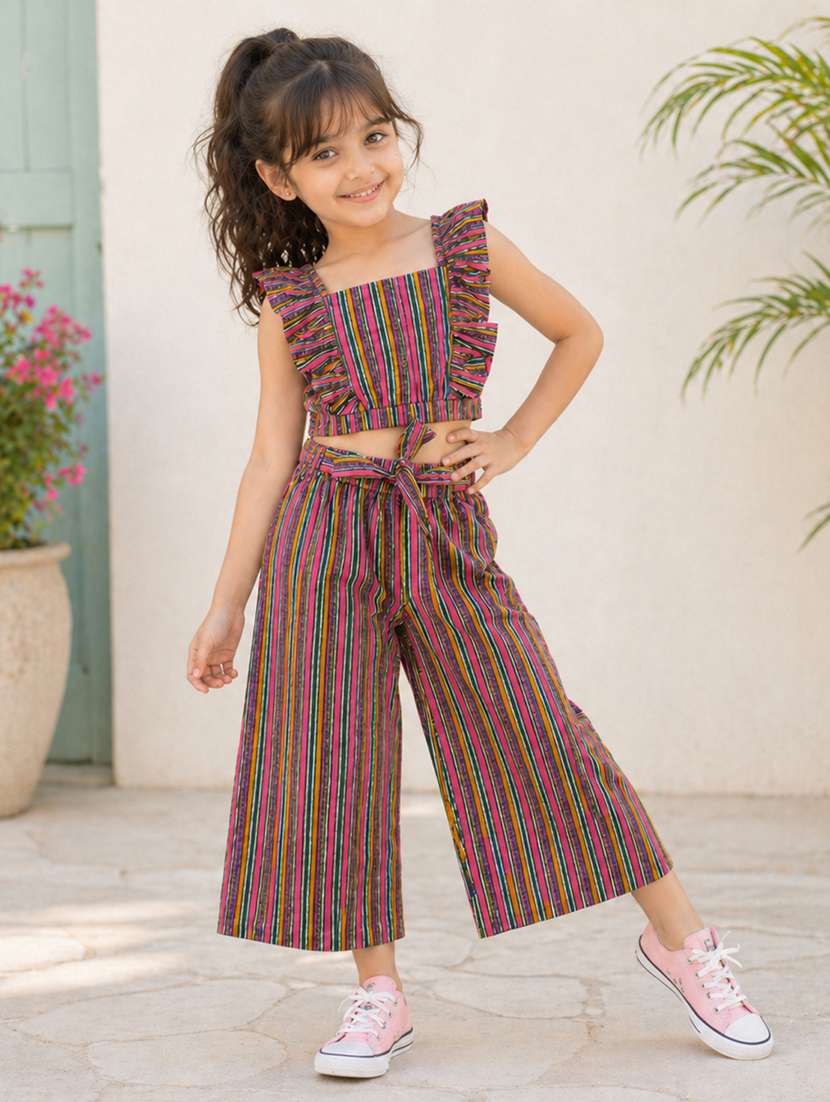 girls printed sleeveless top and trouser co-ord set