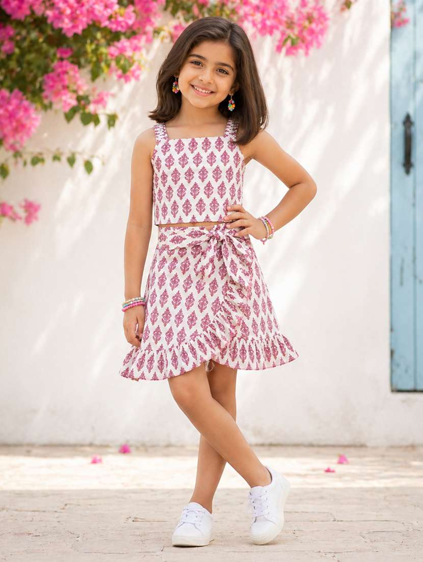girls printed sleeveless top and skirt co-ord set