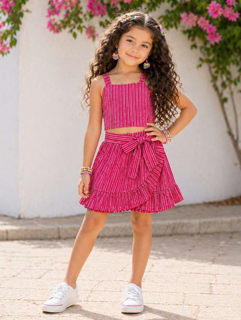 girls printed sleeveless top and skirt co-ord set