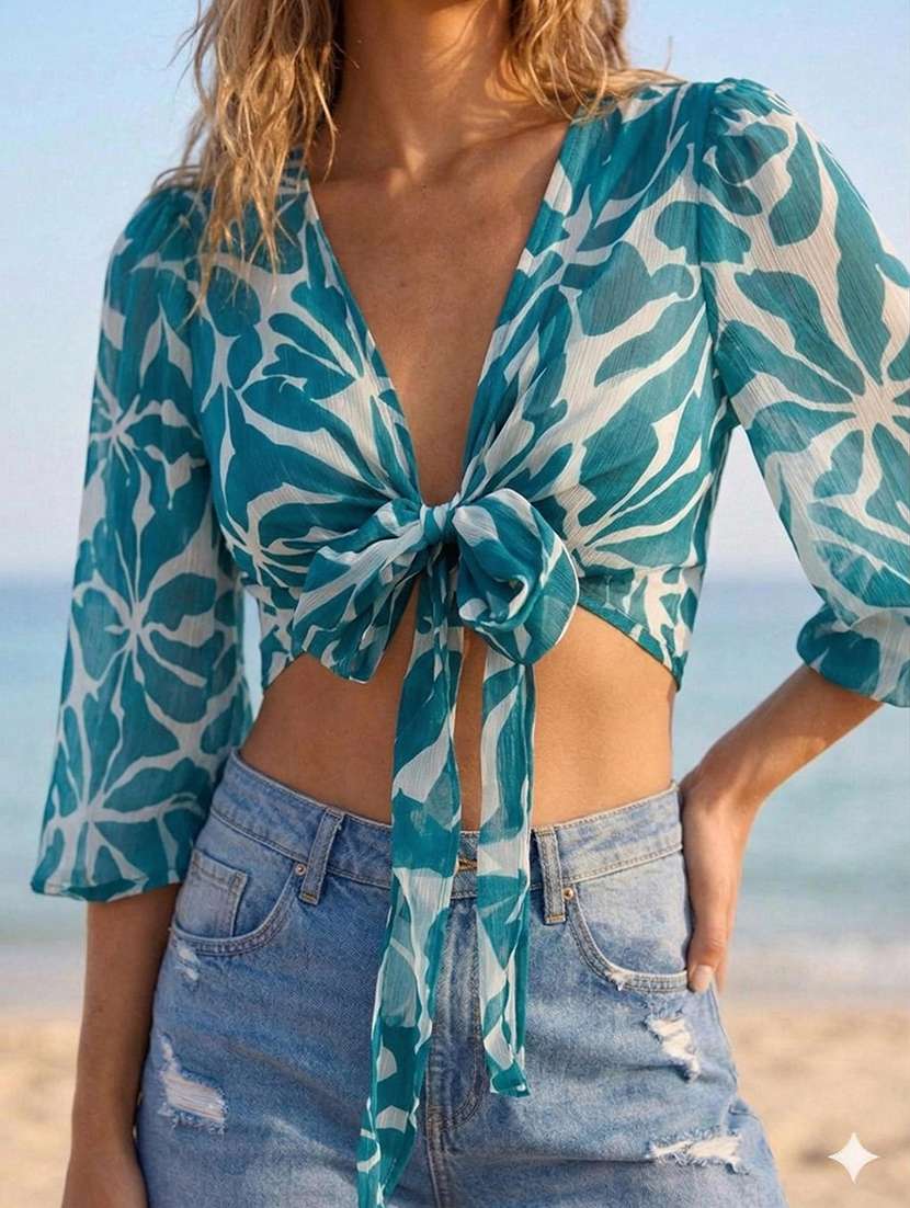 women printed flared sleeves crop top - 22511195 -  Standard Image - 1