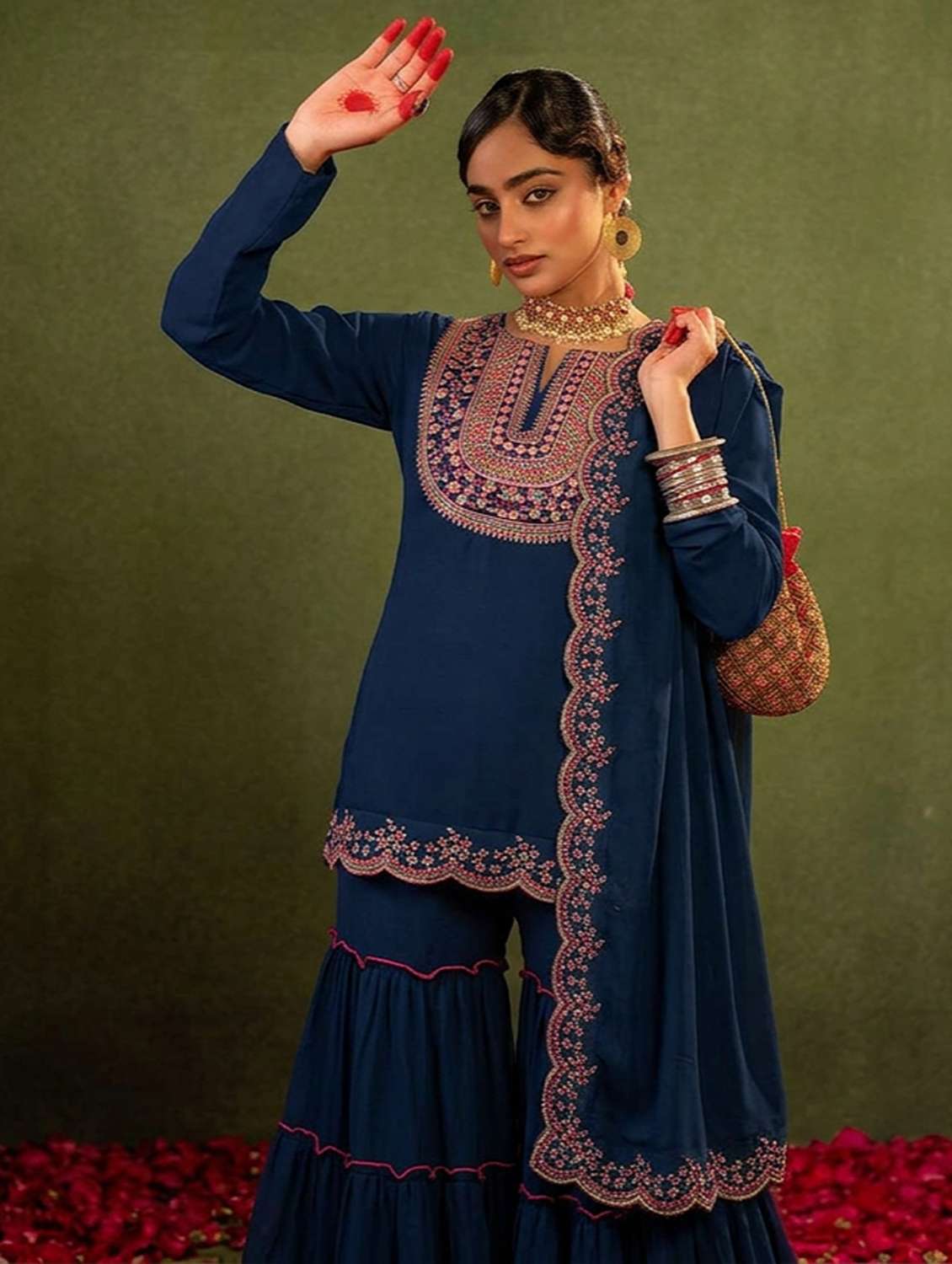 women embroidered notch neck kurta and sharara set with dupatta - 22511199 -  Standard Image - 1