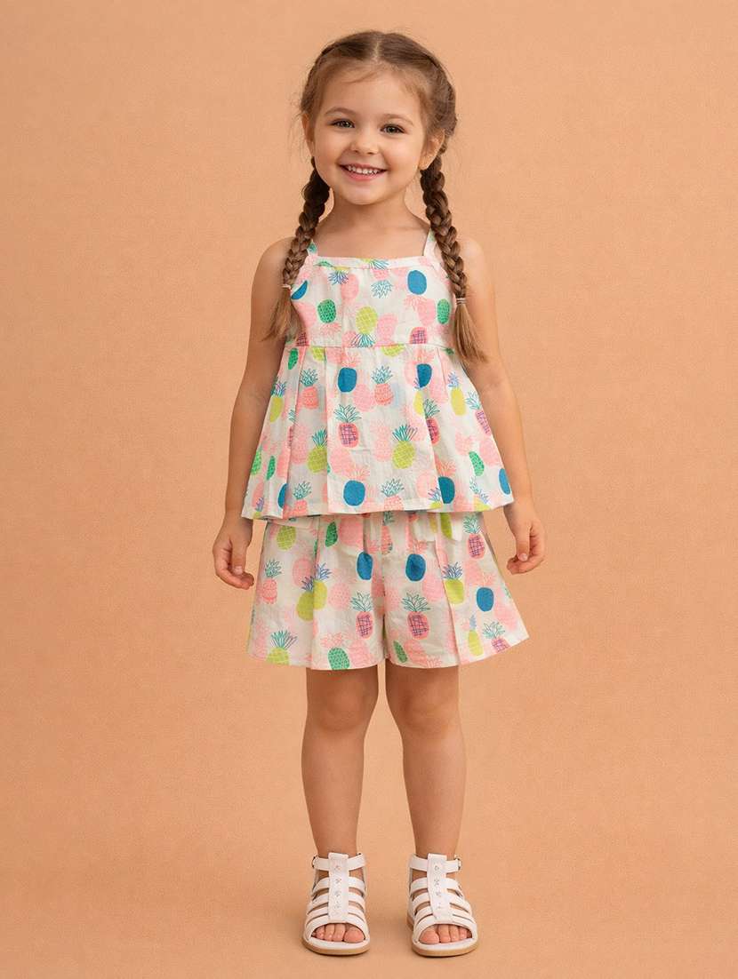 girls printed sleeveless top and shorts co-ord set