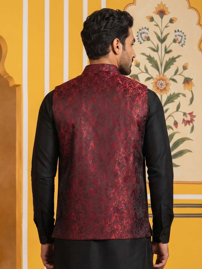 men self design mandarin neck nehru jacket - 22511279 -  Standard Image - 4