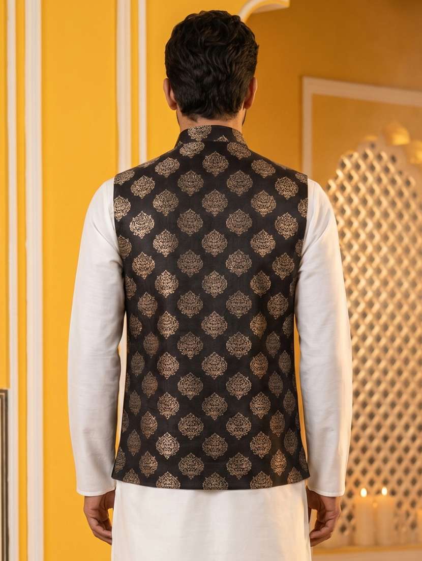 men self design mandarin neck nehru jacket - 22511283 -  Standard Image - 4