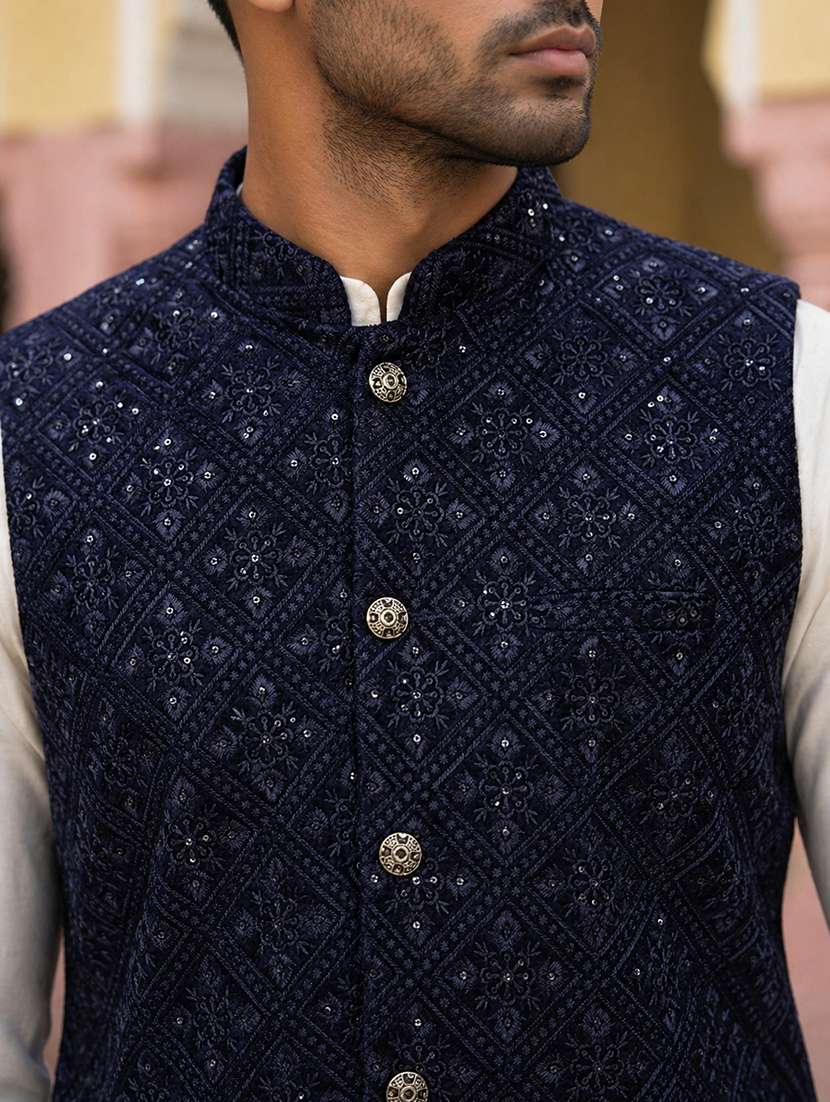 men embroidered mandarin neck nehru jacket - 22511304 -  Standard Image - 1