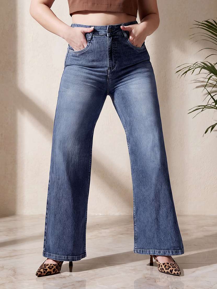 women washed high rise wide leg jeans