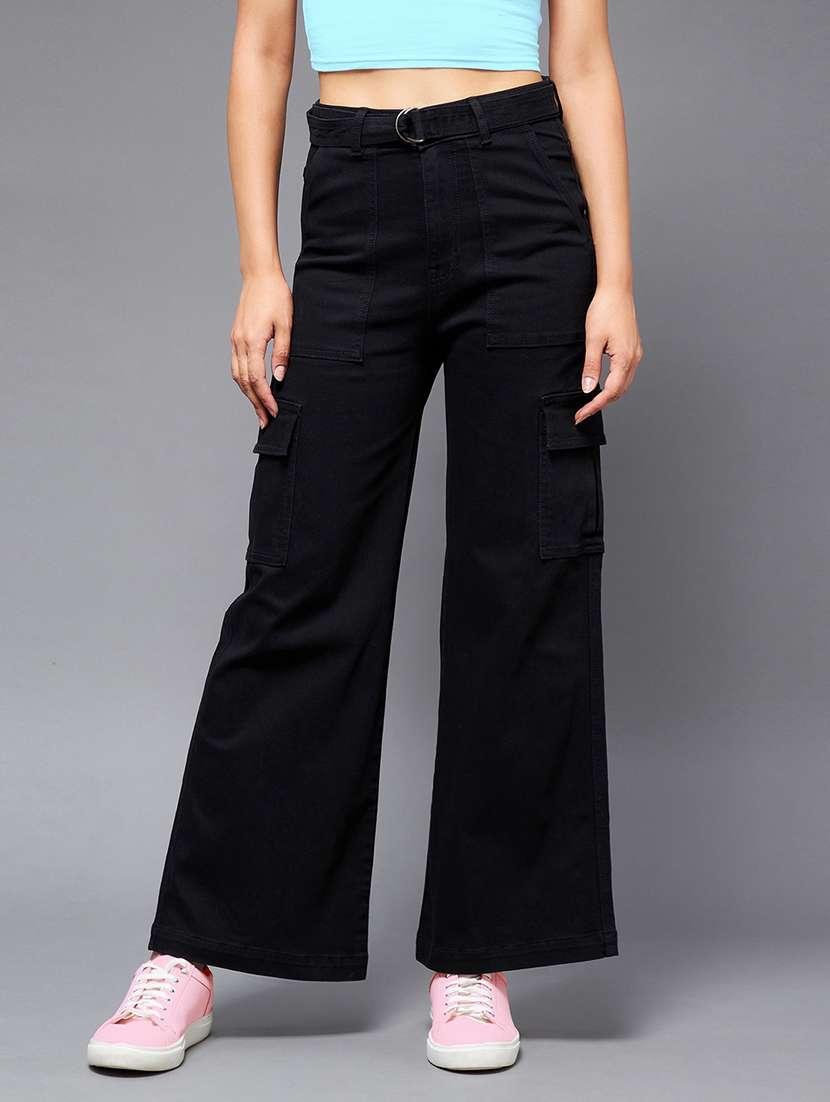 women solid high rise wide leg jeans