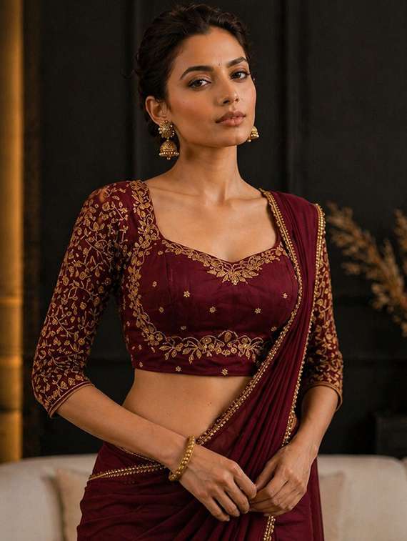 women solid with embellished bordered saree with blouse - 22511434 -  Standard Image - 1