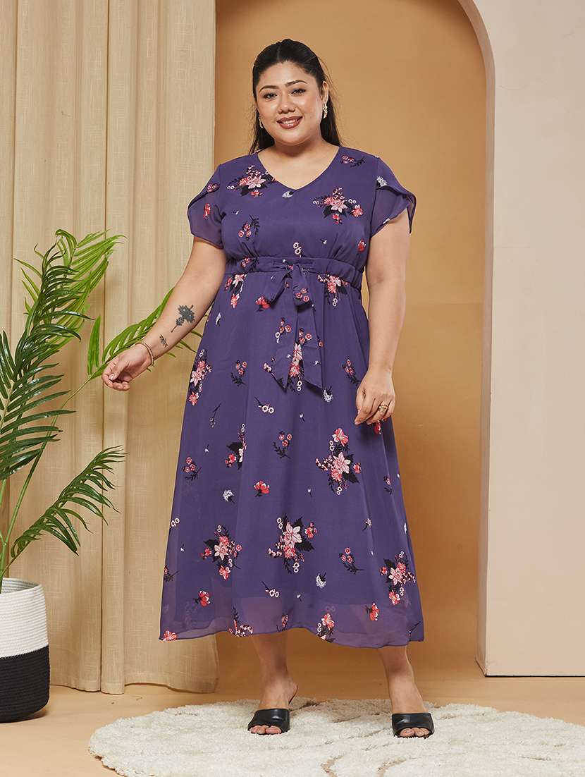 women printed v neck a-line midi dress