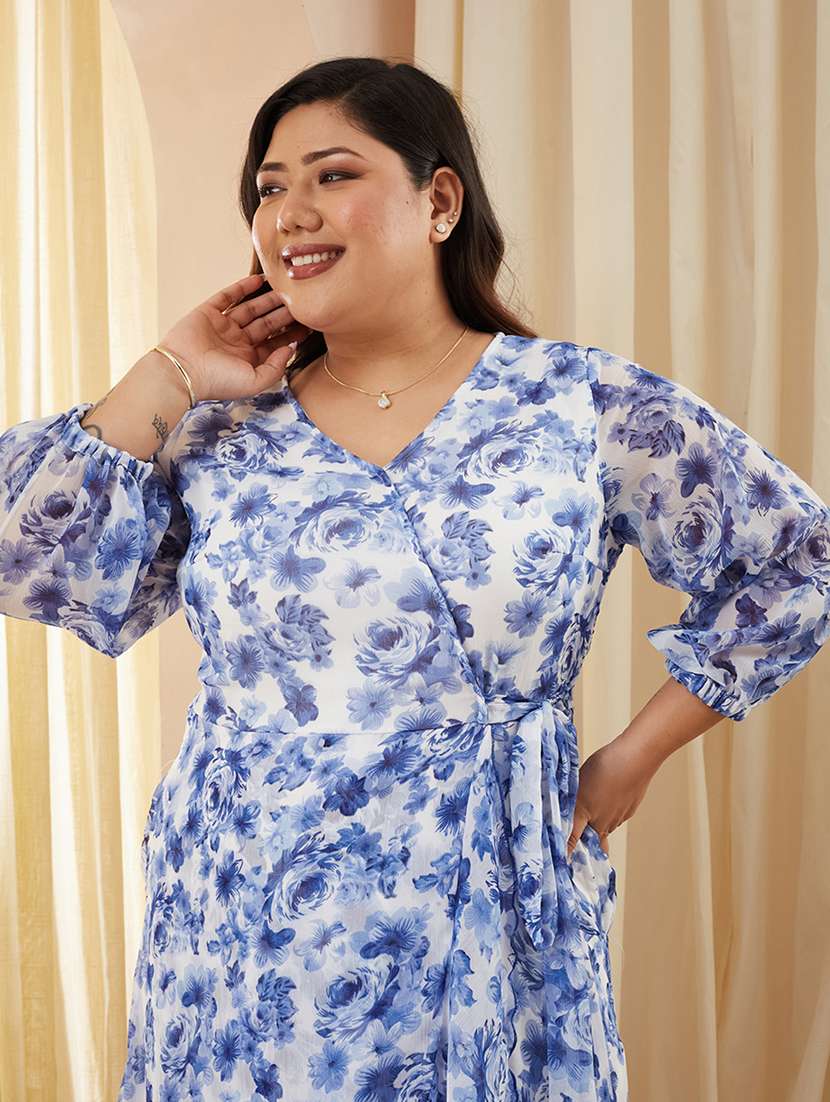 women printed three quarter sleeves wrap midi dress - 22511449 -  Standard Image - 1
