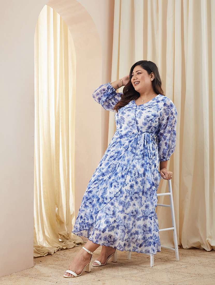 women printed three quarter sleeves wrap midi dress - 22511449 -  Standard Image - 4