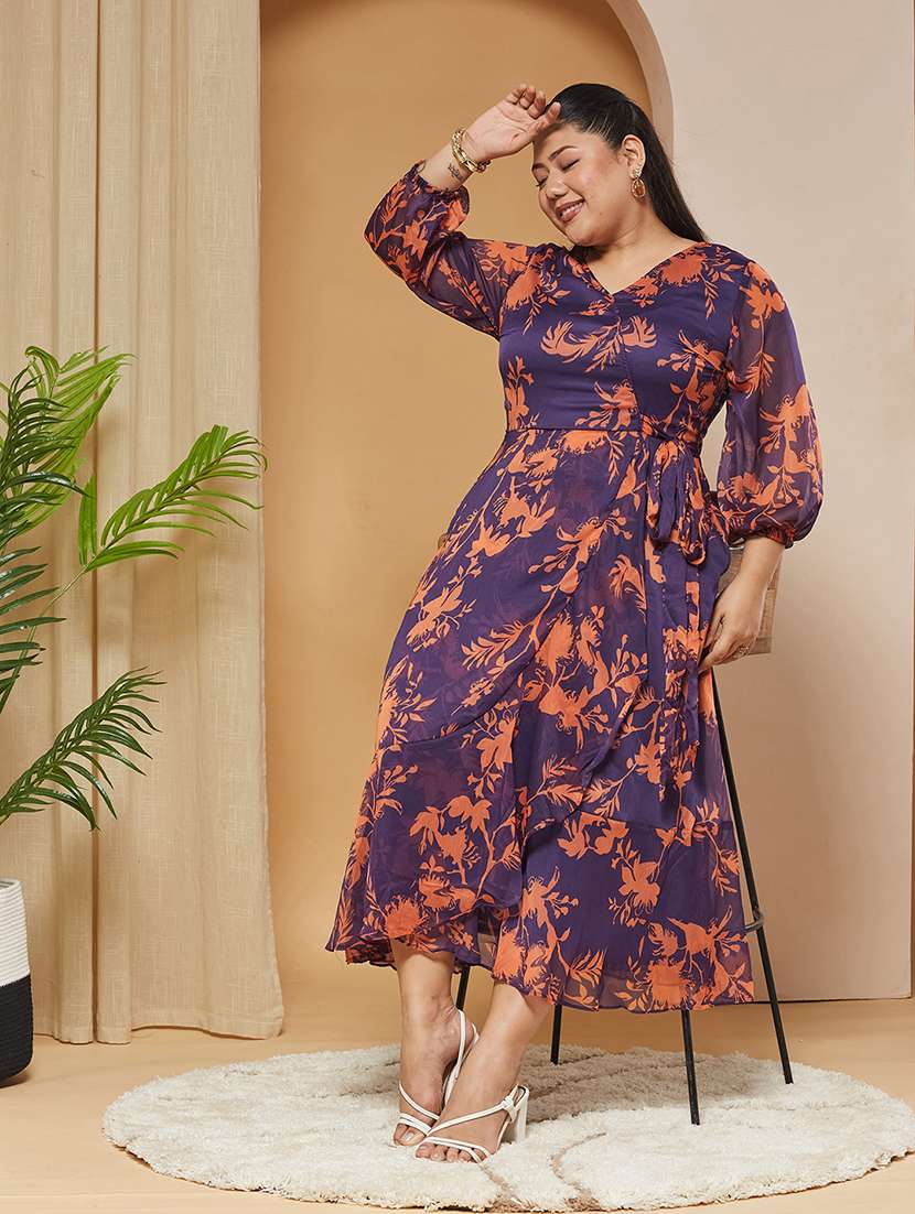 Women Printed Three Quarter Sleeves Wrap Dress - 22511451 -  Standard Image - 1