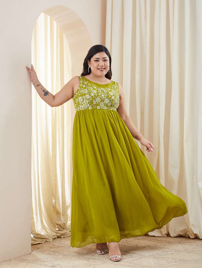 women embroidered round neck fit and flare dress
