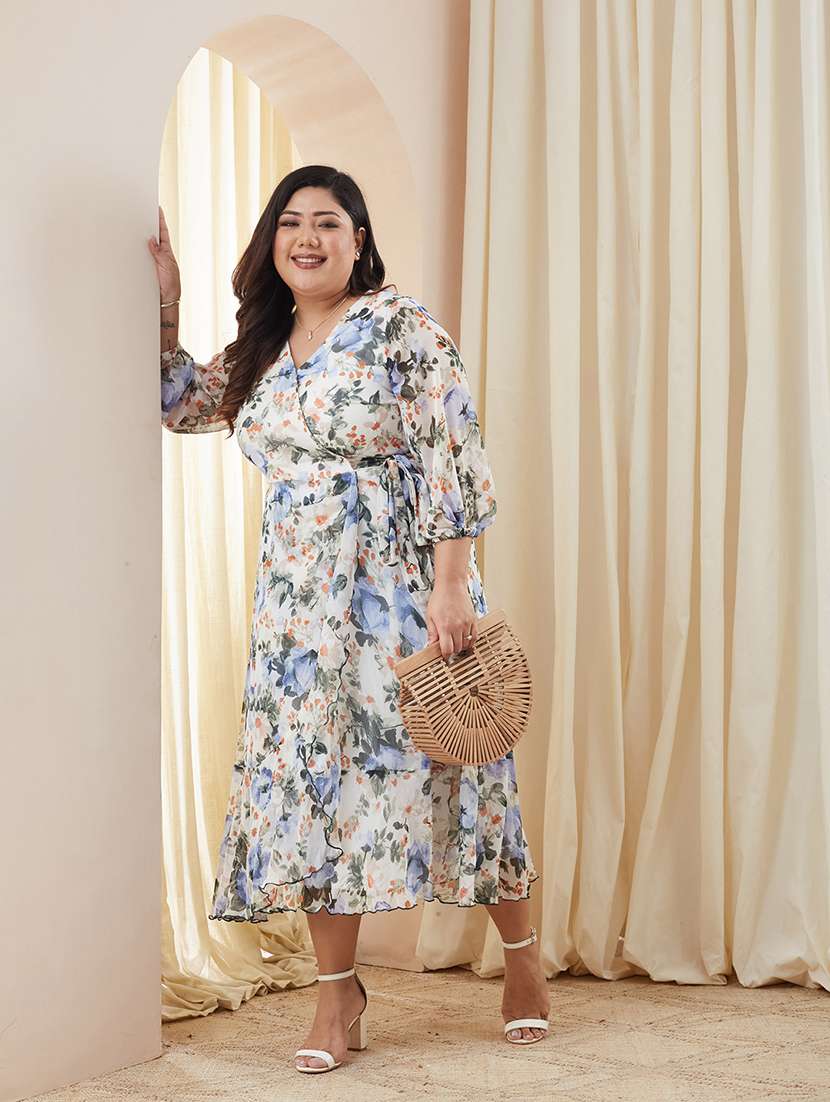 women printed three quarter sleeves wrap dress - 22511465 -  Standard Image - 4