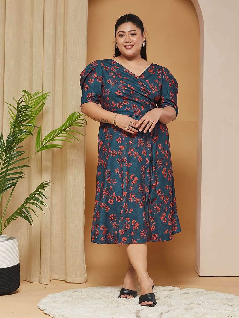 women printed puff sleeves midi wrap dress - 22511473 -  Standard Image - 1