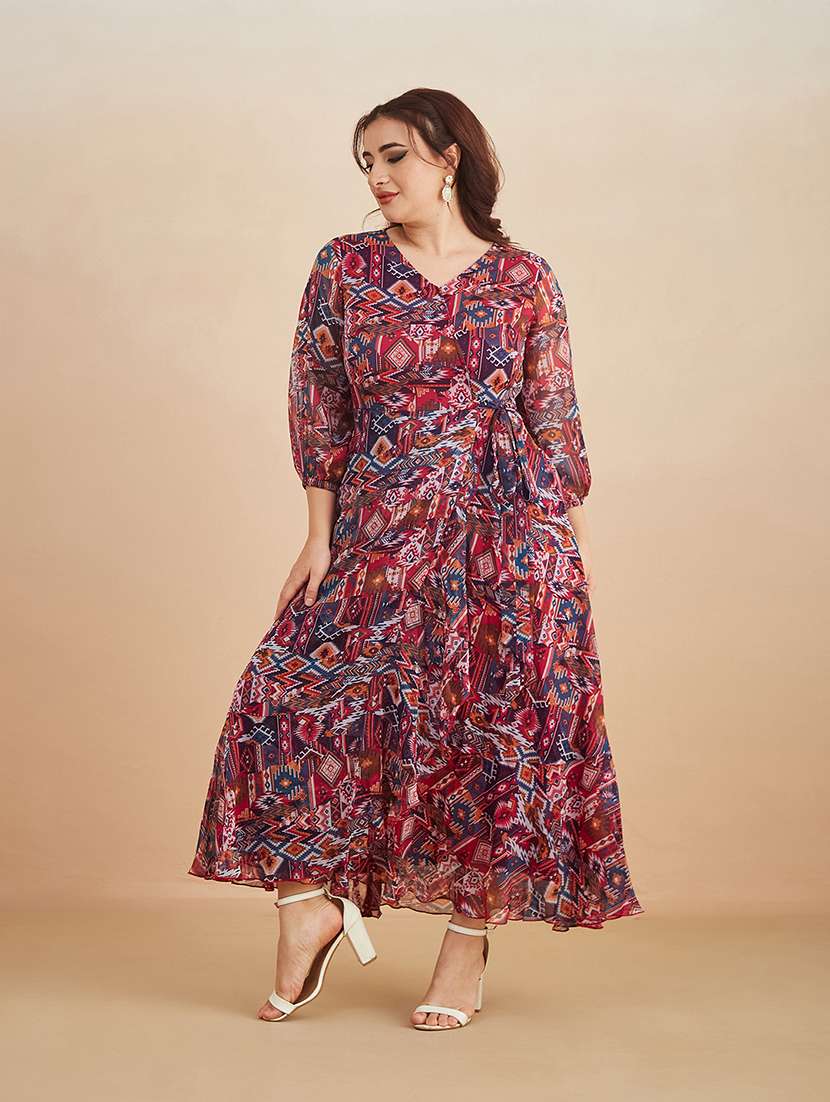 women printed overlap neck maxi fit and flare dress - 22511482 -  Standard Image - 1