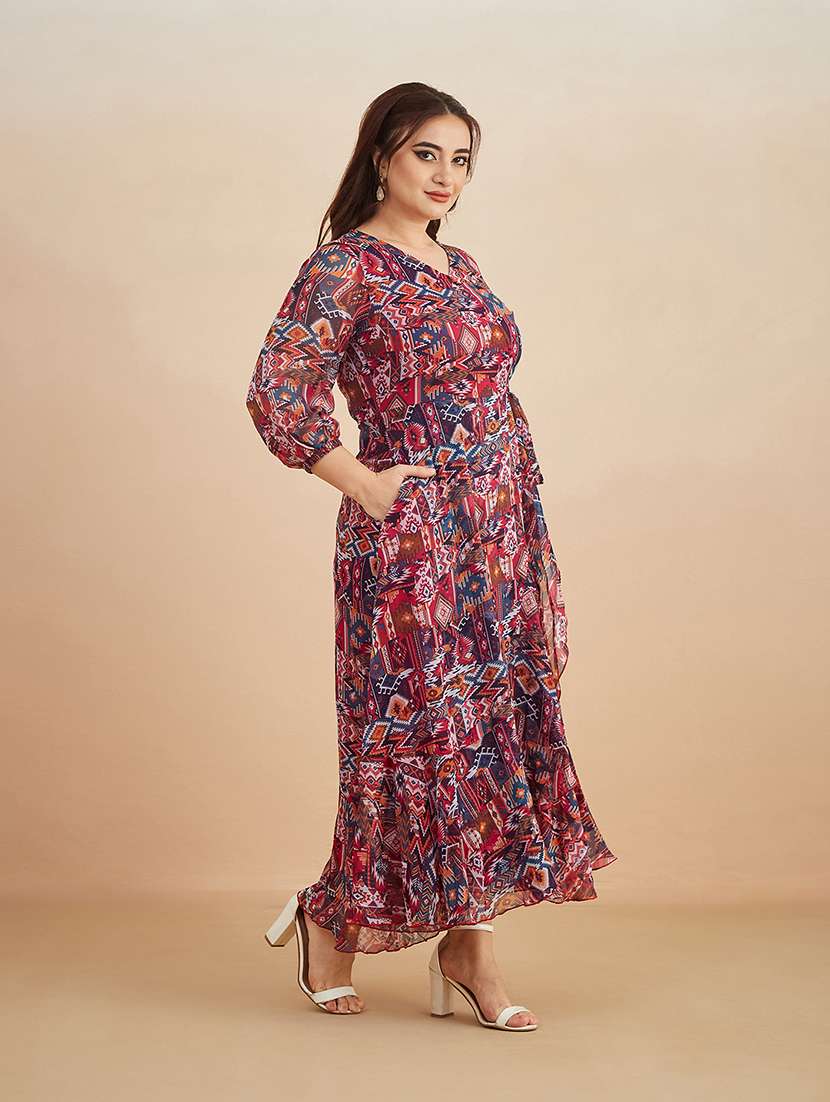 women printed overlap neck maxi fit and flare dress - 22511482 -  Standard Image - 4