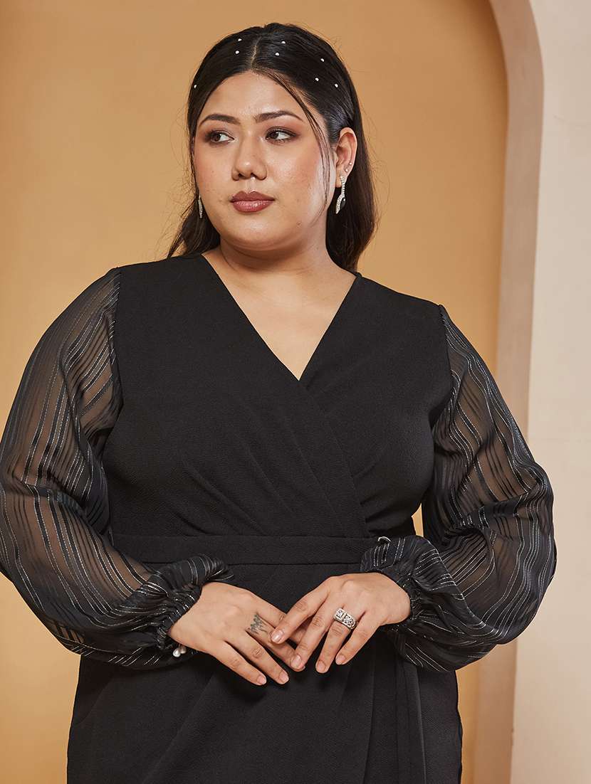 Women Self Design Overlap Neck Wrap Dress - 22511495 -  Standard Image - 1