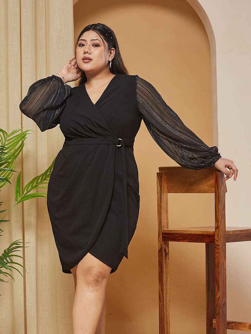 Women Self Design Overlap Neck Wrap Dress - 22511495 -  Standard Image - 4