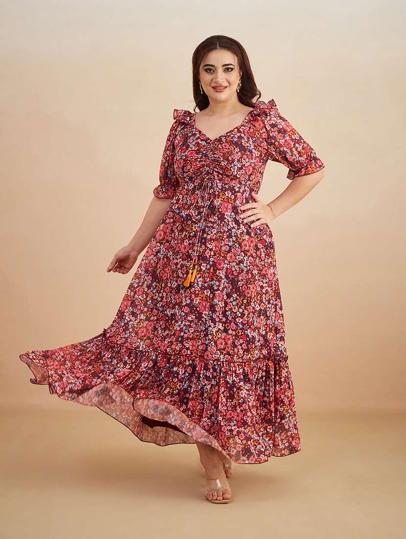 women printed sweetheart neck tiered dress