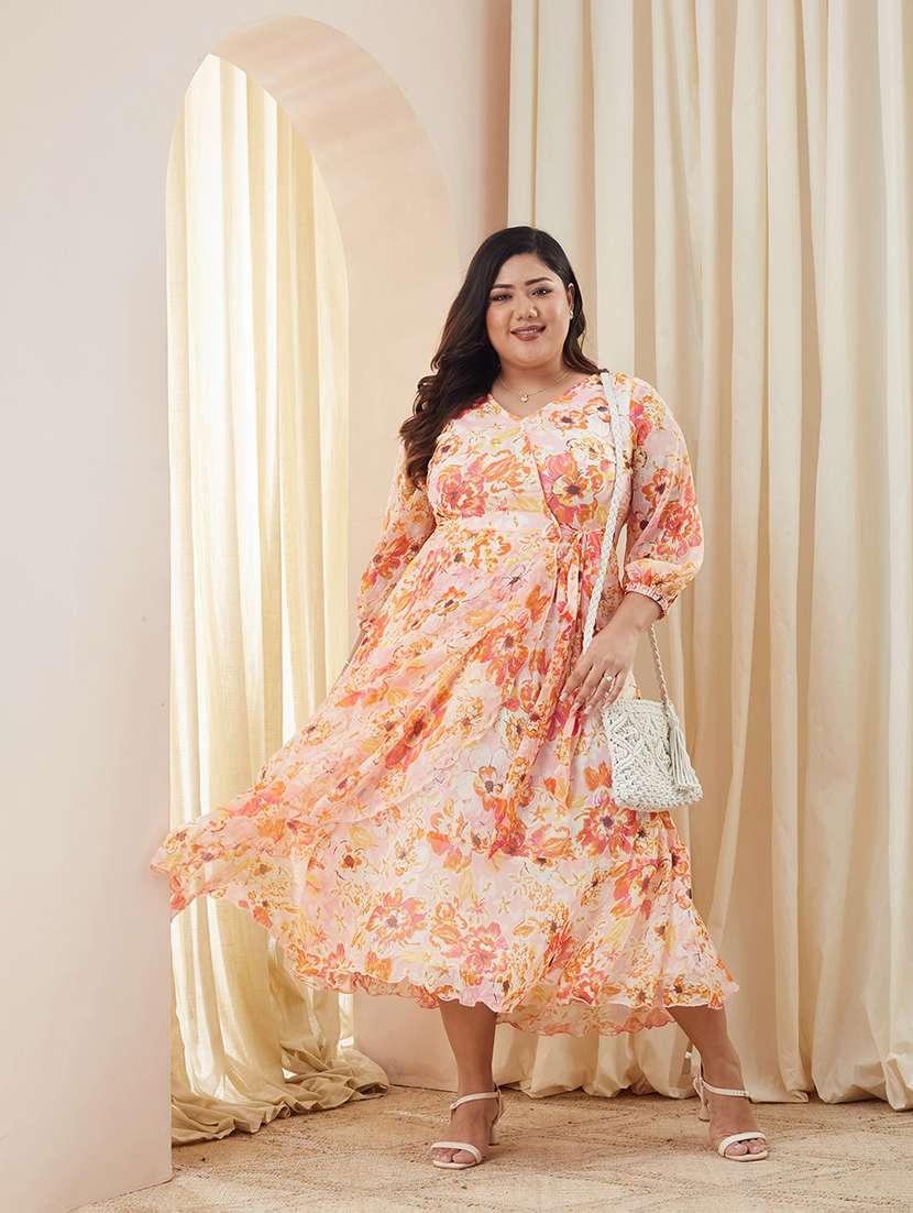 women printed overlap neck midi tiered dress