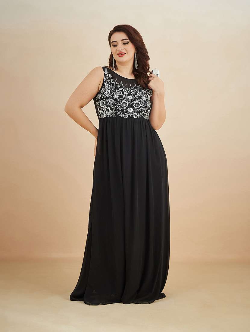 women embroidered round neck fit and flare dress