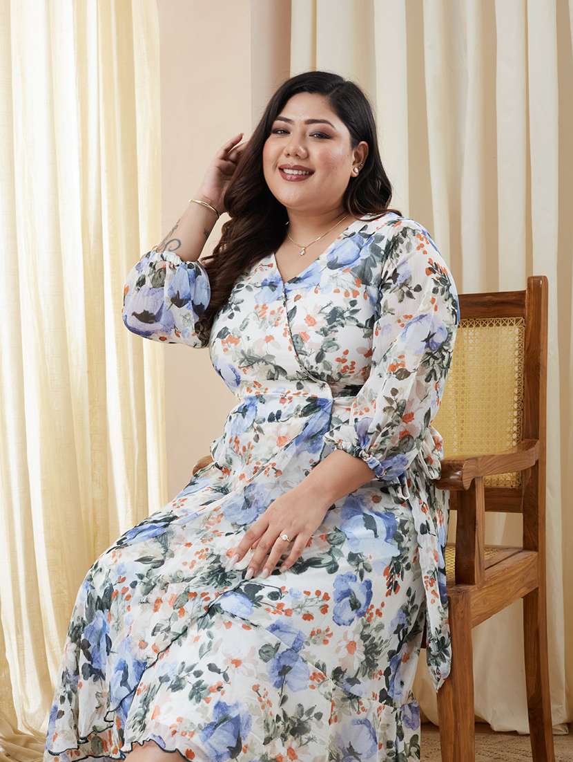 women printed three quarter sleeves wrap midi dress - 22511539 -  Standard Image - 1