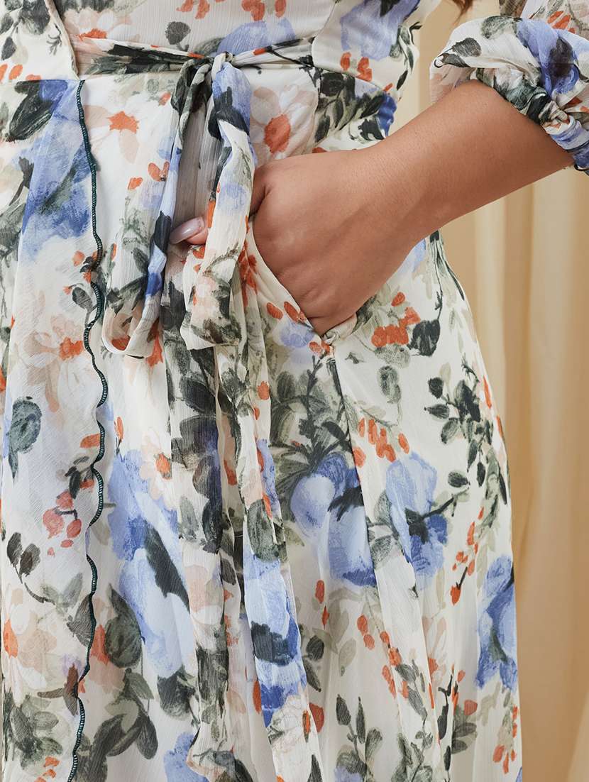 women printed three quarter sleeves wrap midi dress - 22511539 -  Standard Image - 4