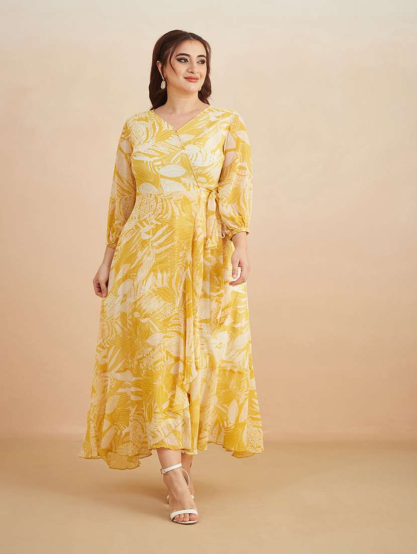 women printed three quarter sleeves wrap maxi dress