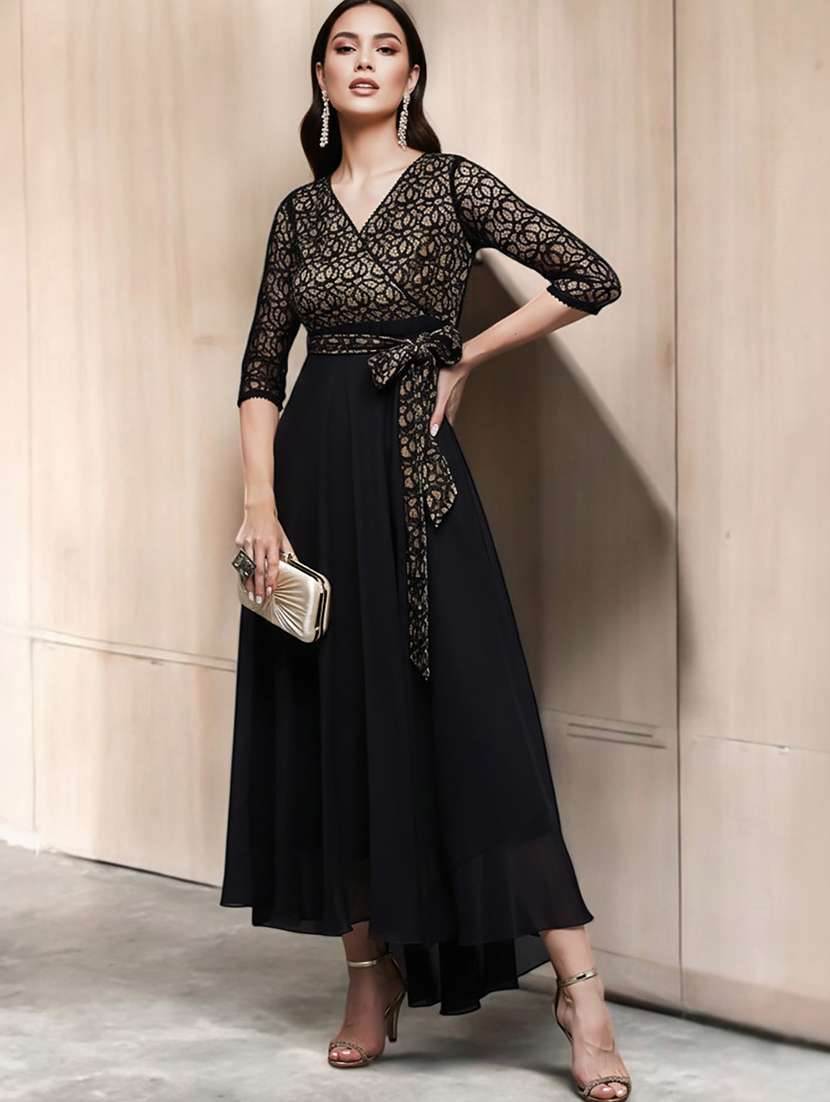 women self design overlap neck high low dress