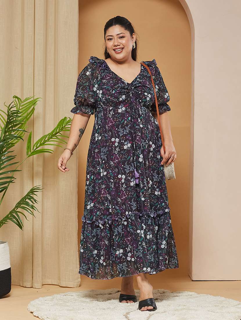women printed puff sleeves maxi tiered dress