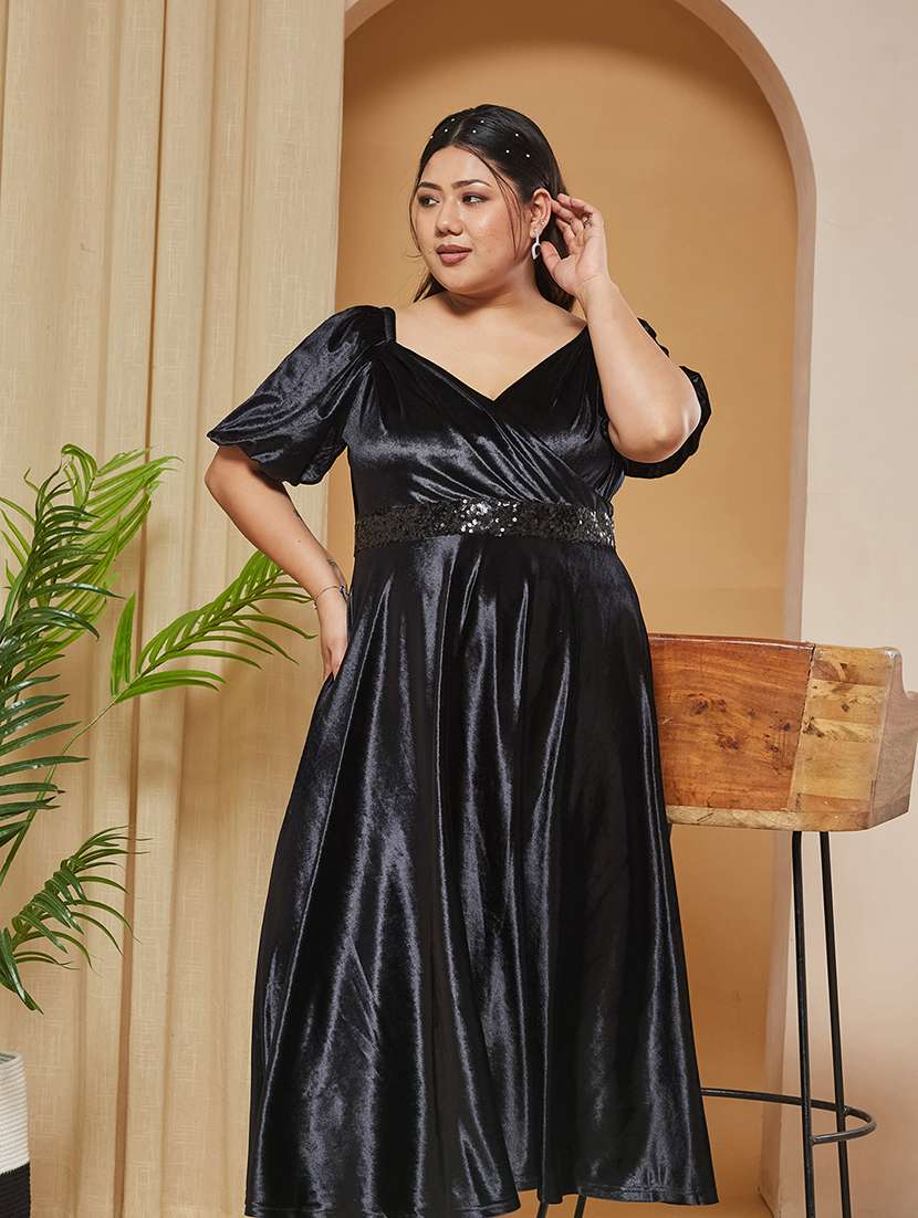 Women Solid Puff Sleeves Fit And Flare Dress - 22511564 -  Standard Image - 1