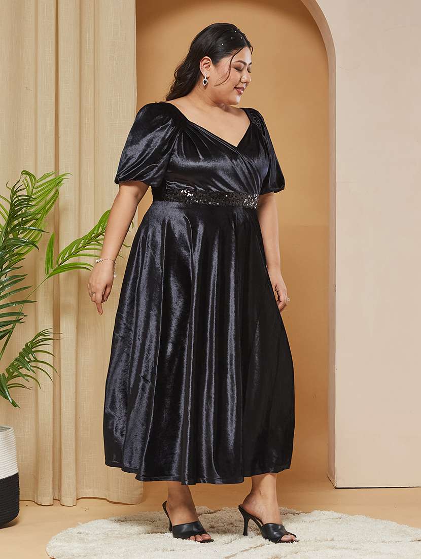Women Solid Puff Sleeves Fit And Flare Dress - 22511564 -  Standard Image - 4