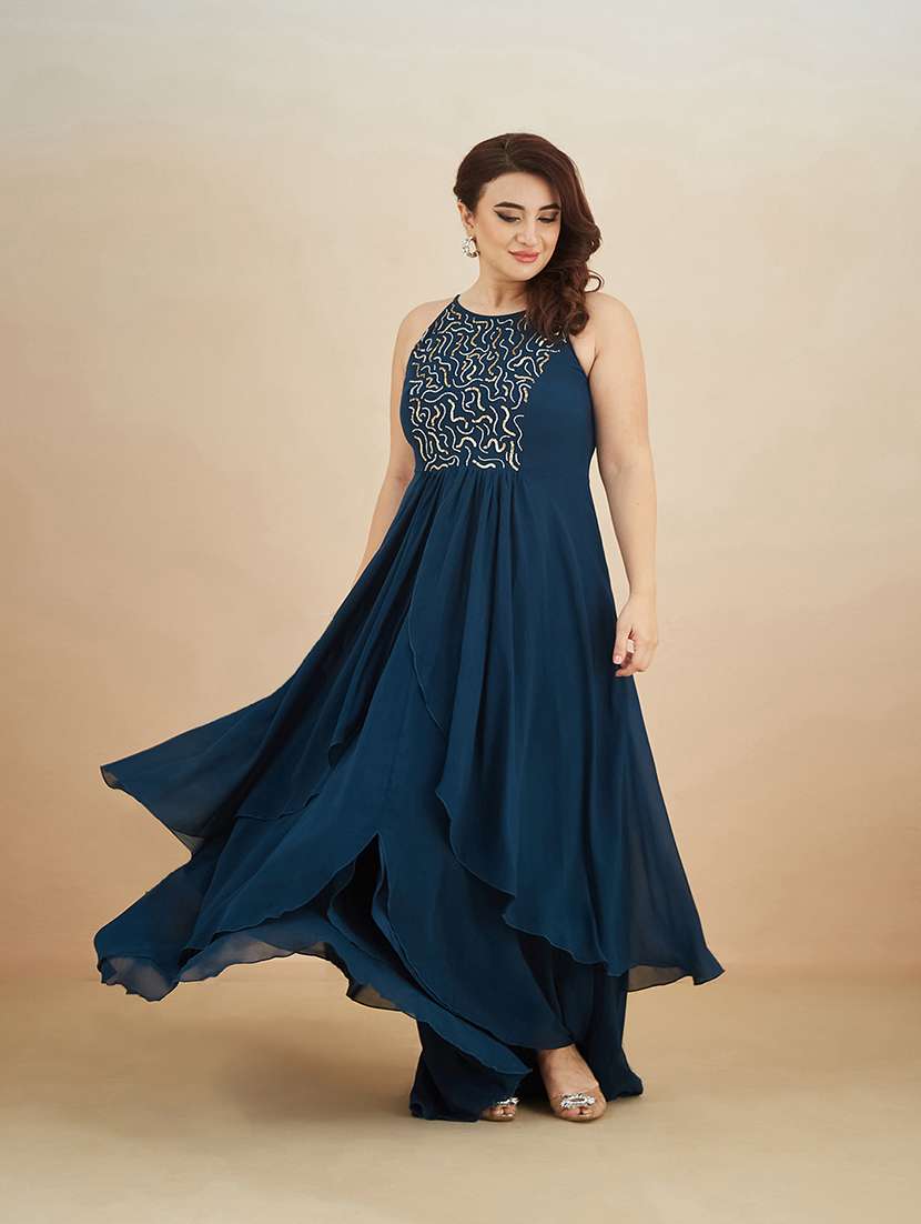 women sequined halter neck layered maxi dress