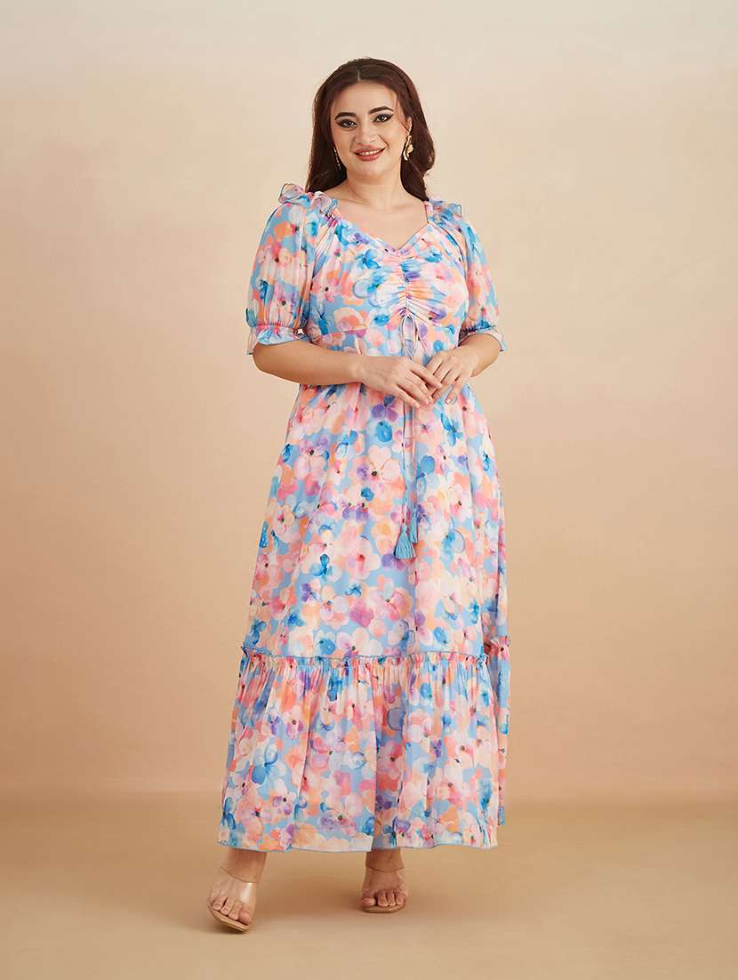 women printed puff sleeves maxi tiered dress