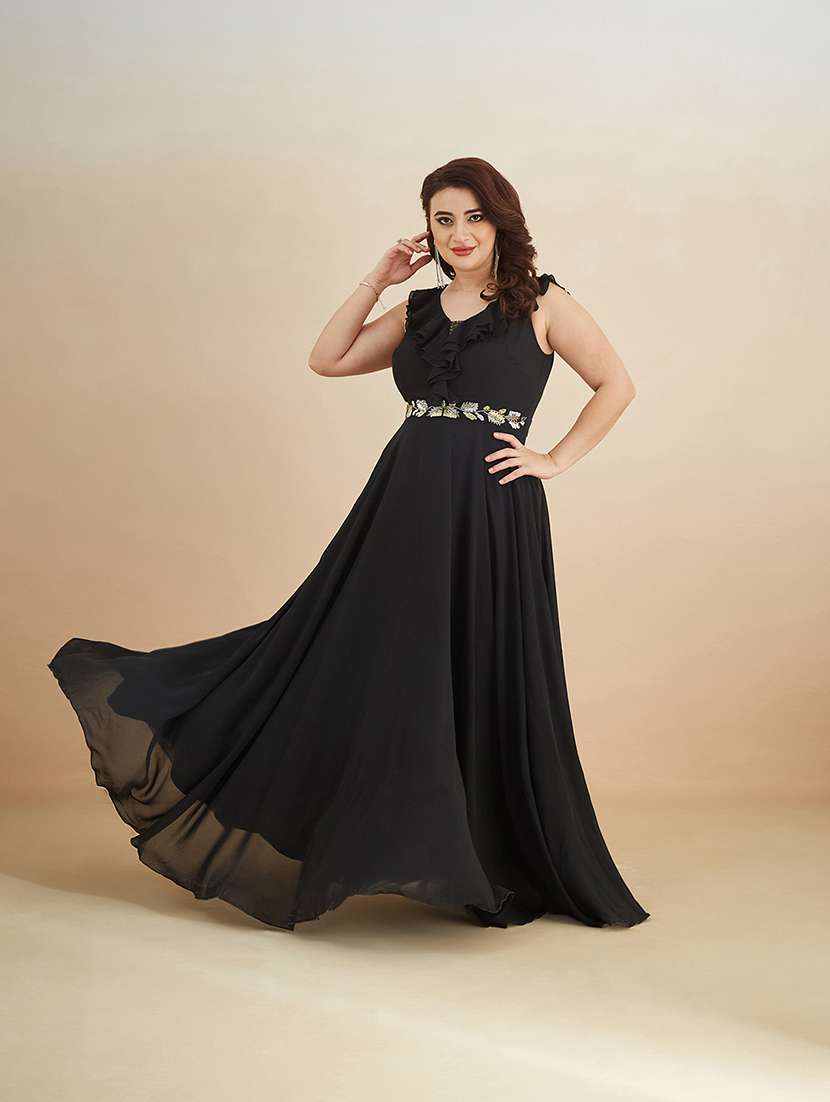 women embroidered sleeveless ruffle detailed gown